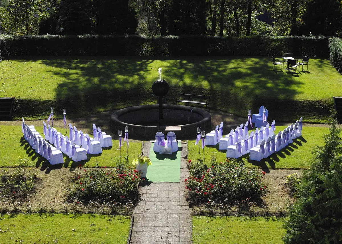 Outdoor ceremony at the castle fountain